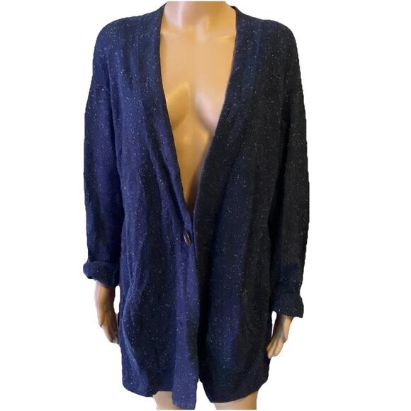 J. JILL Angora Rabbit Hair Blend Long Cardigan Navy Blue Sz L Pocket Preppy Cozy - Picture 1 of 10